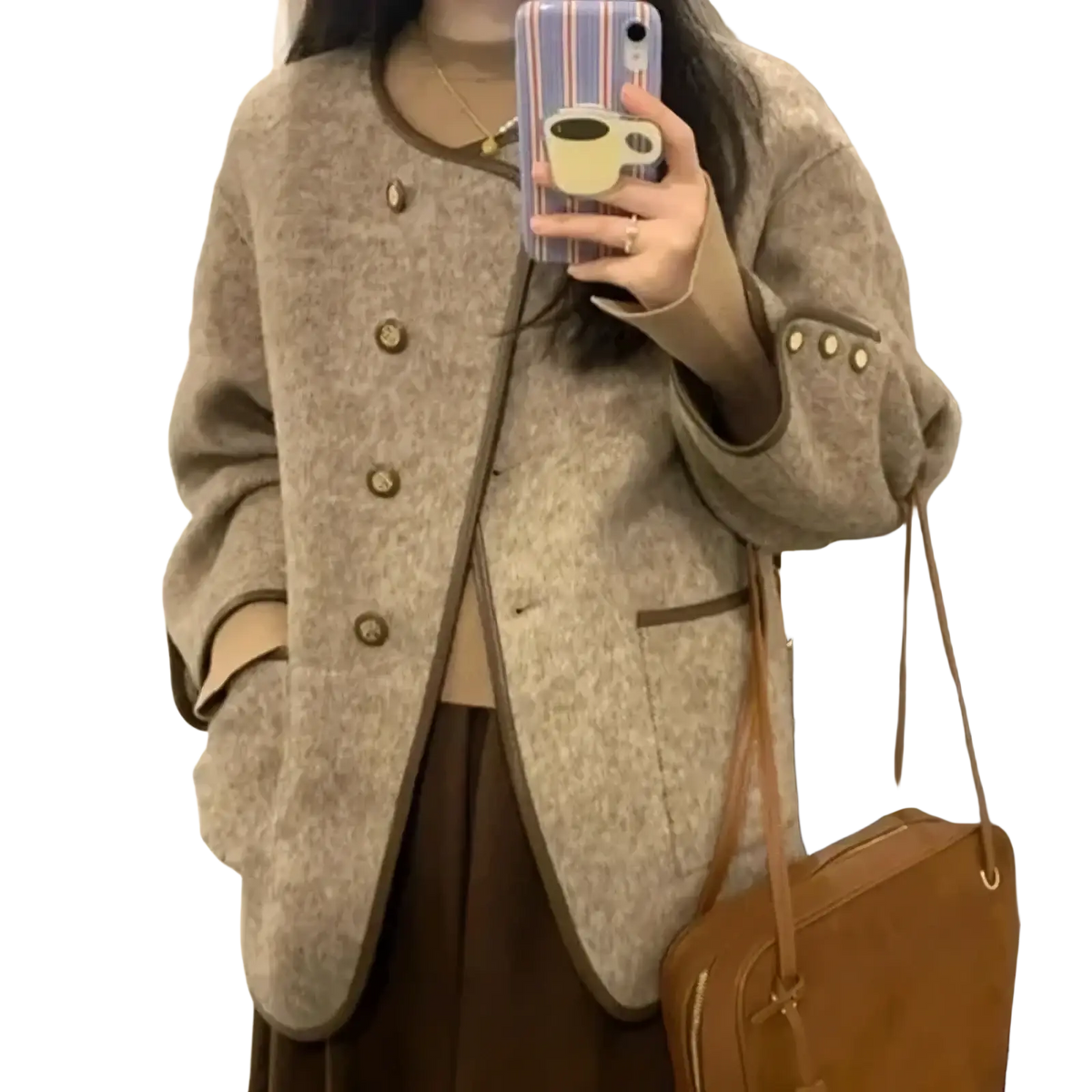 Beige wool blend women coat with brown trim and matching buttons ideal for winter use
