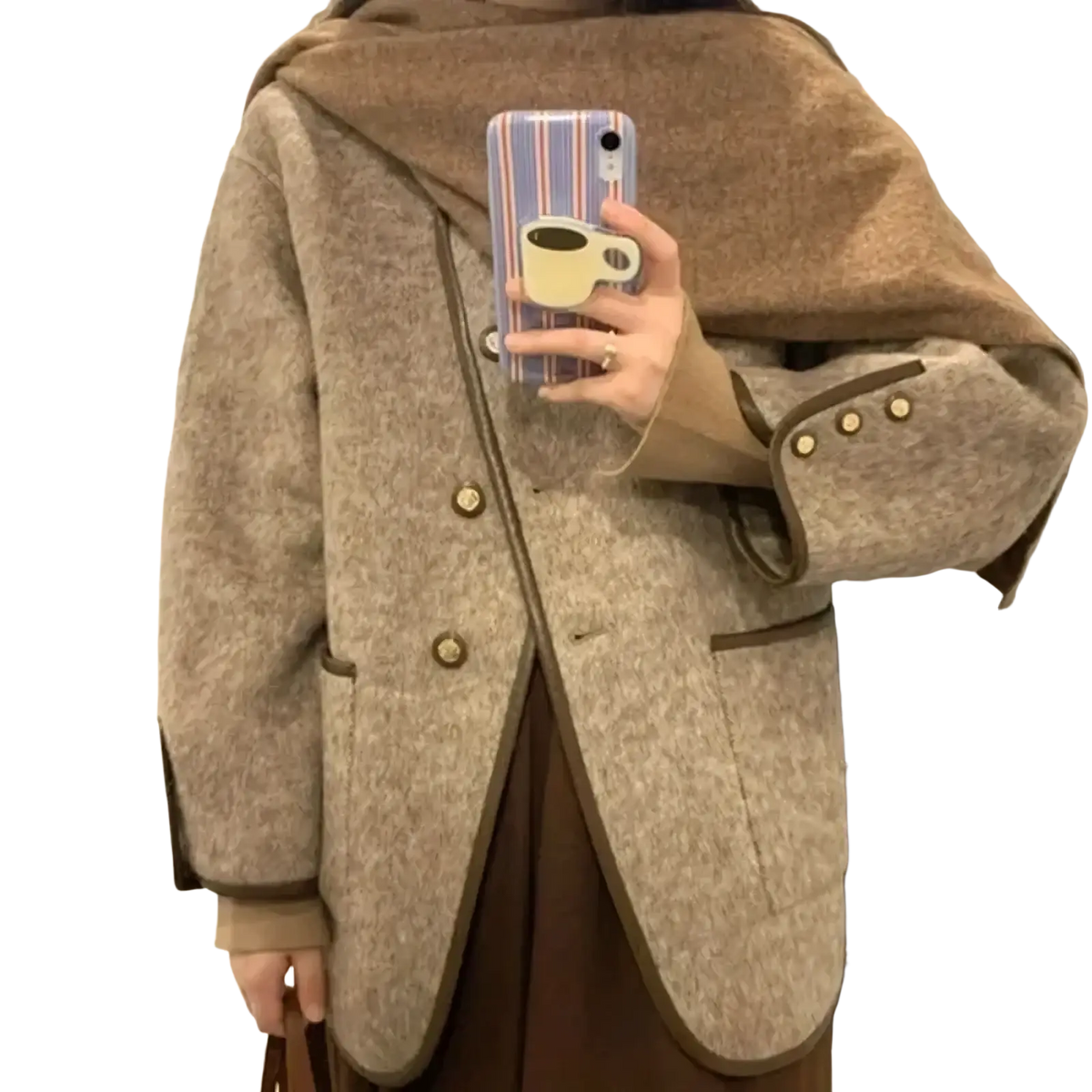 Women wool blend coat beige winter jacket with brown trim and matching buttons in wool blend material