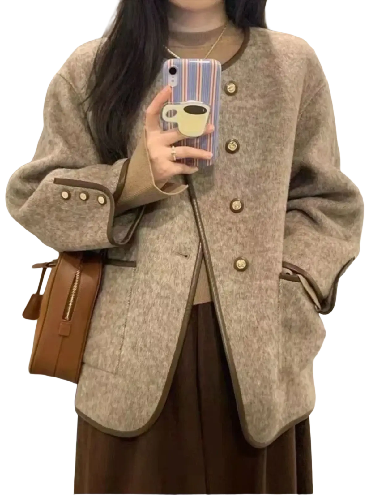 Beige wool blend women’s winter coat blazer with brown trim and matching buttons for cold weather use