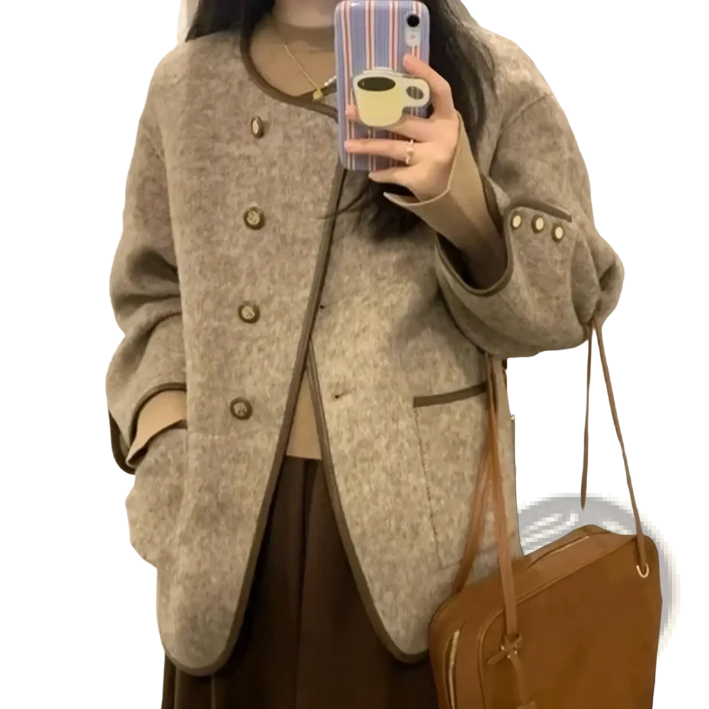 Beige wool blend women coat with brown trim and matching buttons ideal for winter use