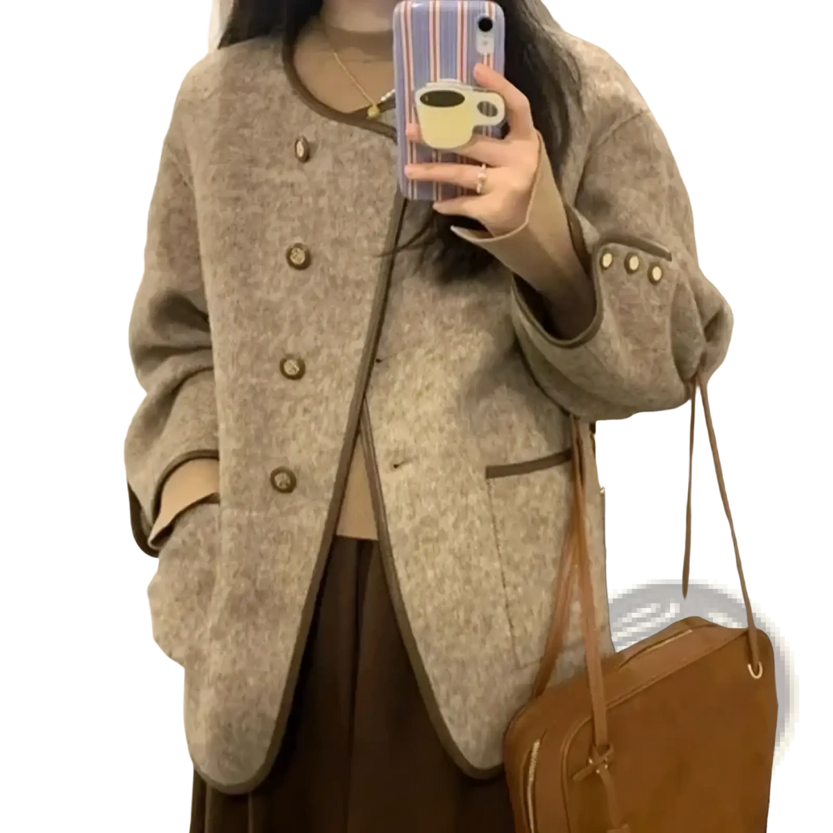 Beige wool blend women coat with brown trim and matching buttons ideal for winter use