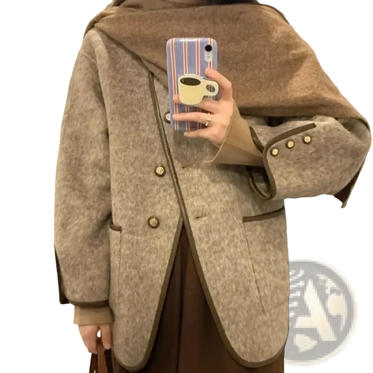 Women wool blend coat beige winter jacket with brown trim and matching buttons in wool blend material