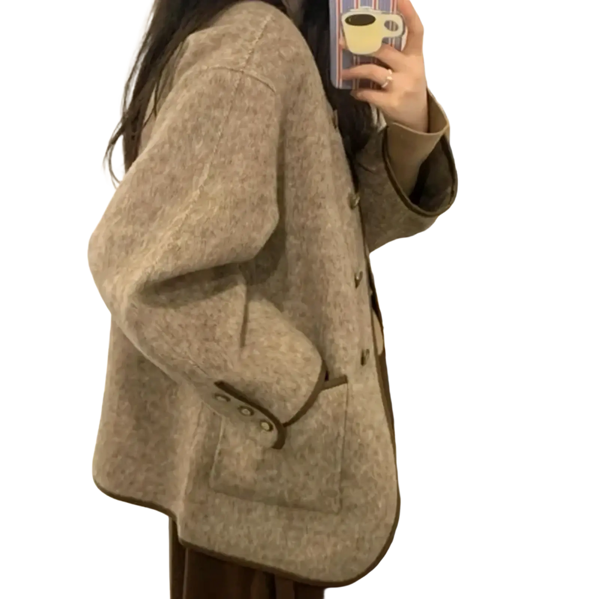 Women wool blend coat beige winter jacket featuring a cozy wool-blend fabric with dark brown trim and subtle texture