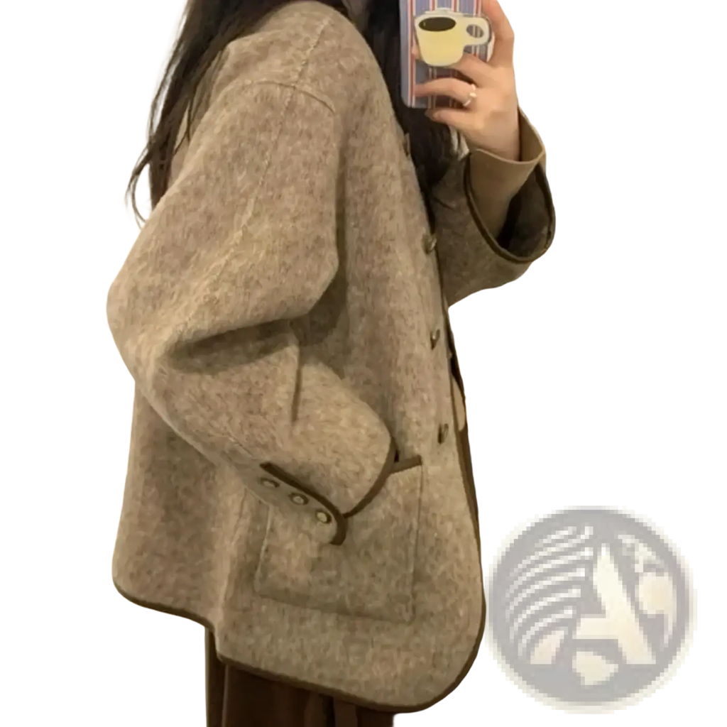 Women wool blend coat beige winter jacket featuring a cozy wool-blend fabric with dark brown trim and subtle texture