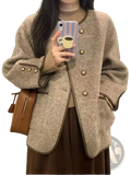 Beige wool blend women’s winter coat blazer with brown trim and matching buttons for cold weather use