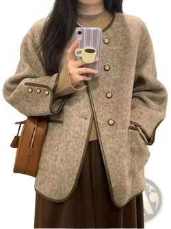 Beige wool blend women’s winter coat blazer with brown trim and matching buttons for cold weather use