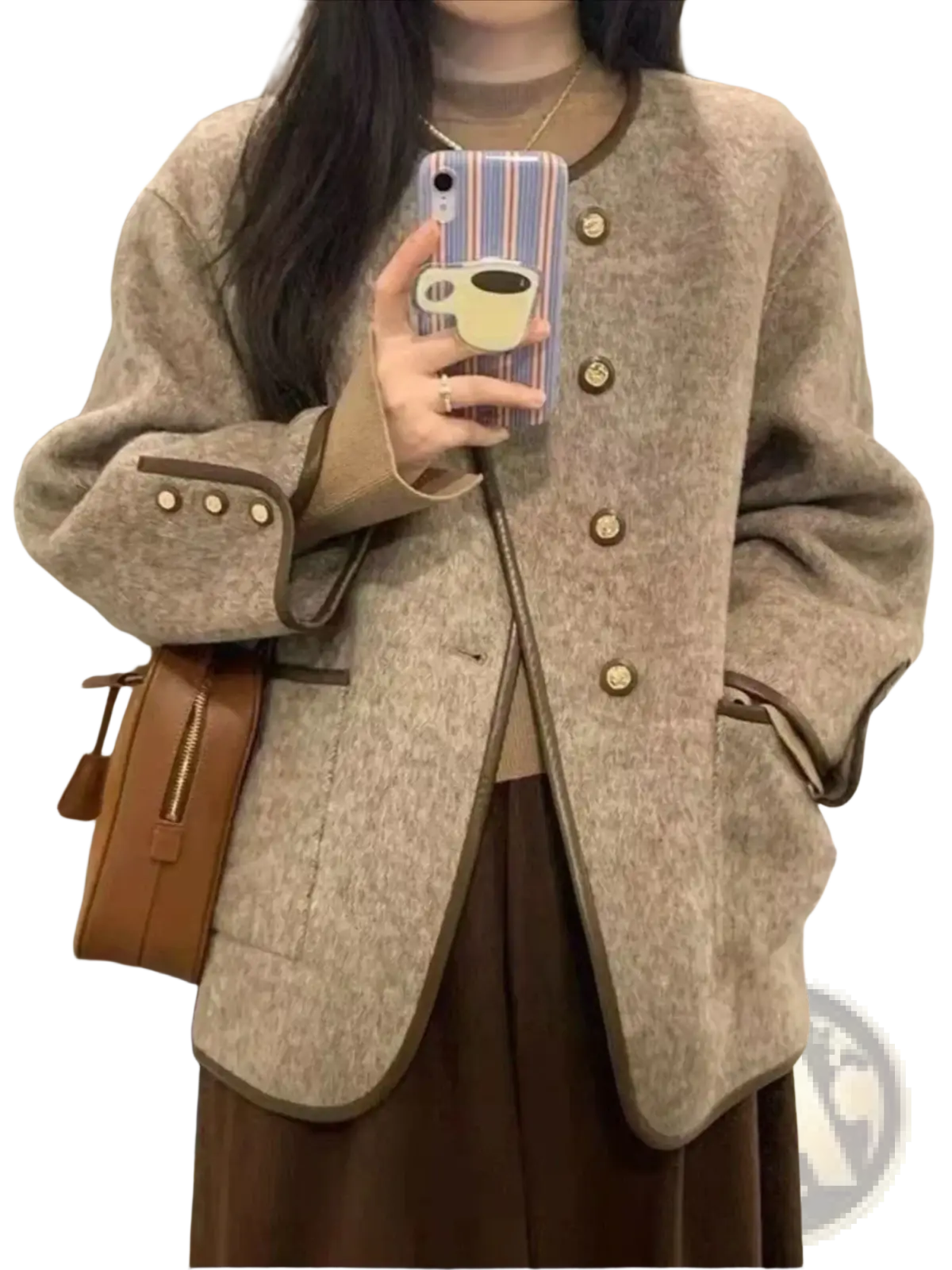 Beige wool blend women’s winter coat blazer with brown trim and matching buttons for cold weather use