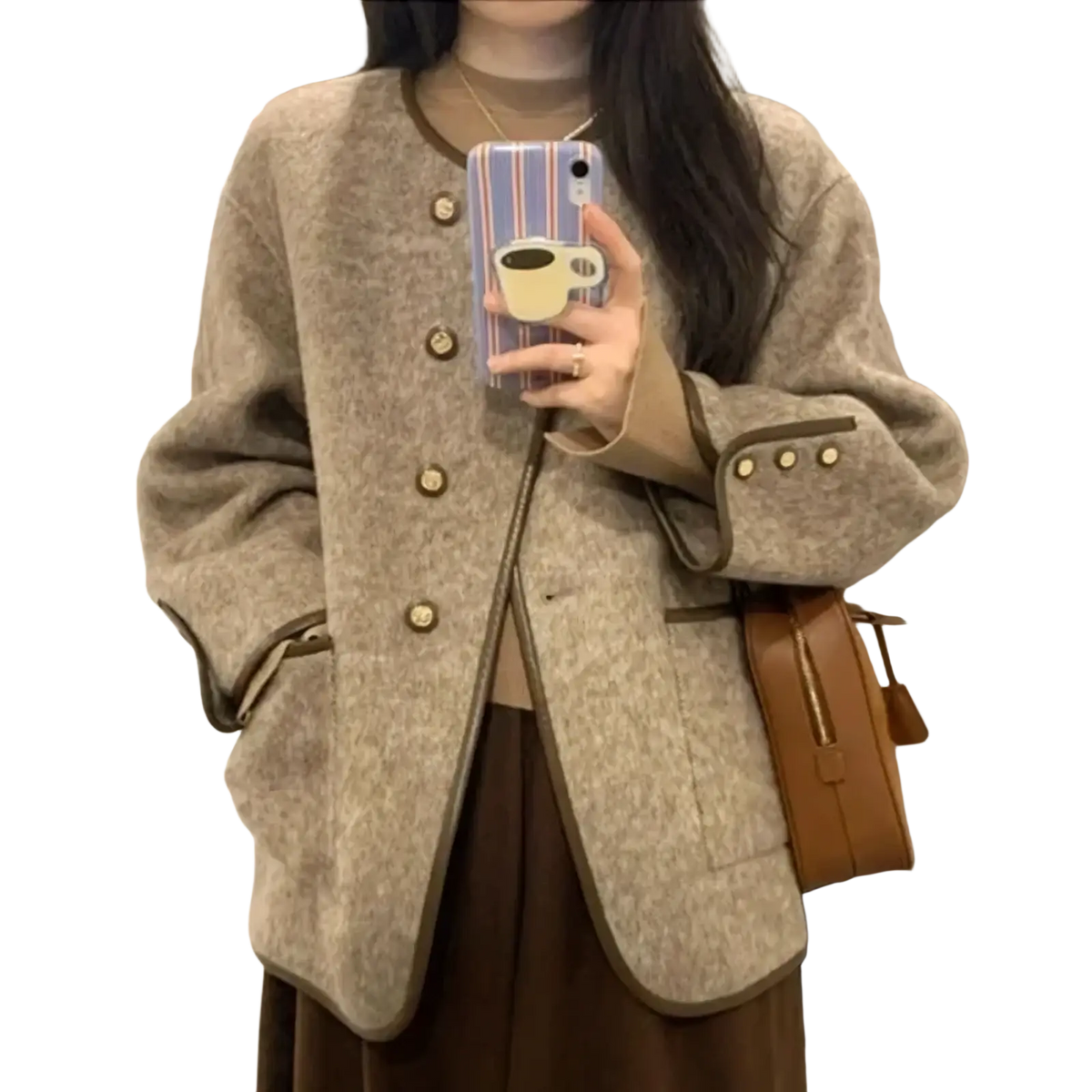 Beige wool blend women coat with textured fabric brown trim and matching buttons ideal for winter wear