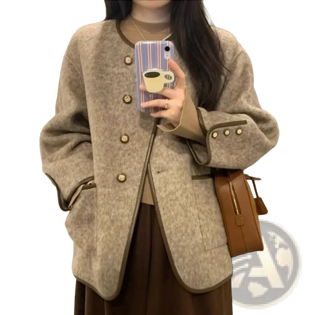 Beige wool blend women coat with textured fabric brown trim and matching buttons ideal for winter wear