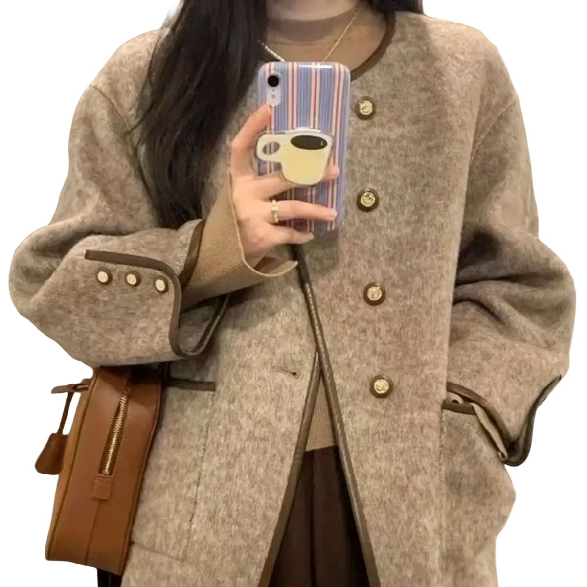 Women wool blend coat beige winter jacket with brown trim and gold toned buttons in woolen fabric for cold weather