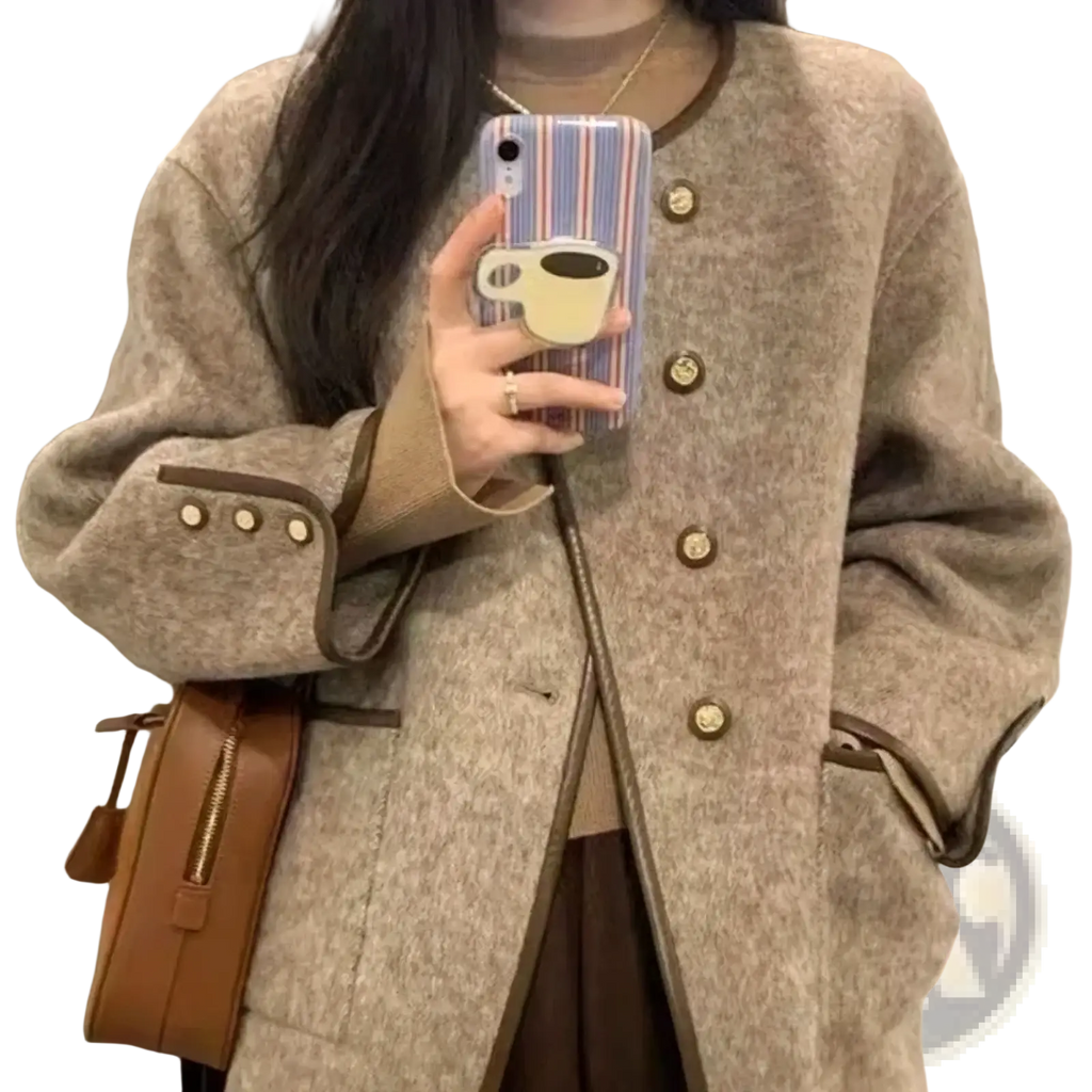Women wool blend coat beige winter jacket with brown trim and gold toned buttons in woolen fabric for cold weather
