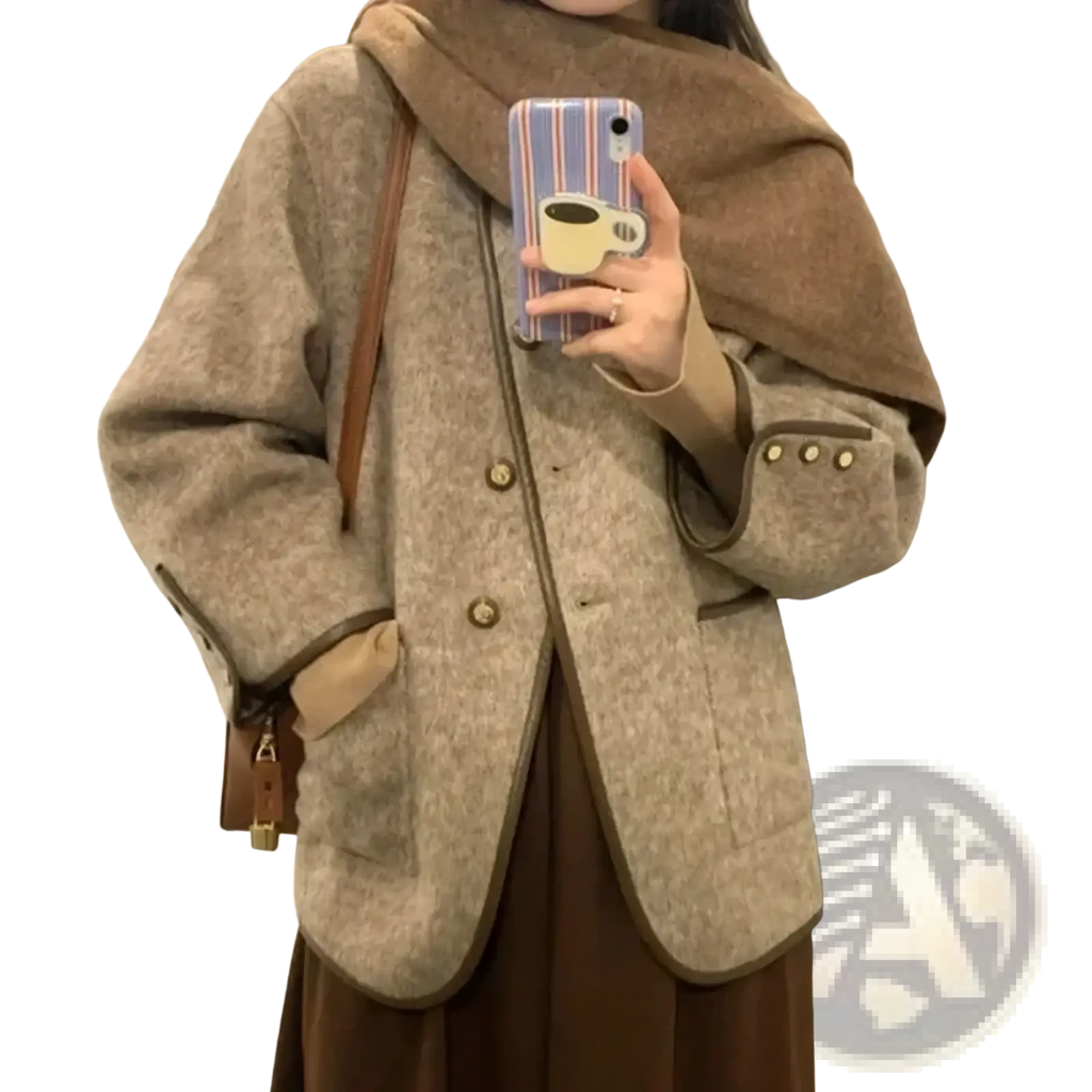 Beige wool blend women winter coat with brown trim and matching buttons for cold weather use
