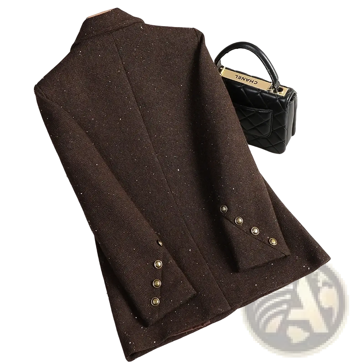 Women wool blend double breasted blazer in brown glittery tweed with gold tone buttons for formal wear