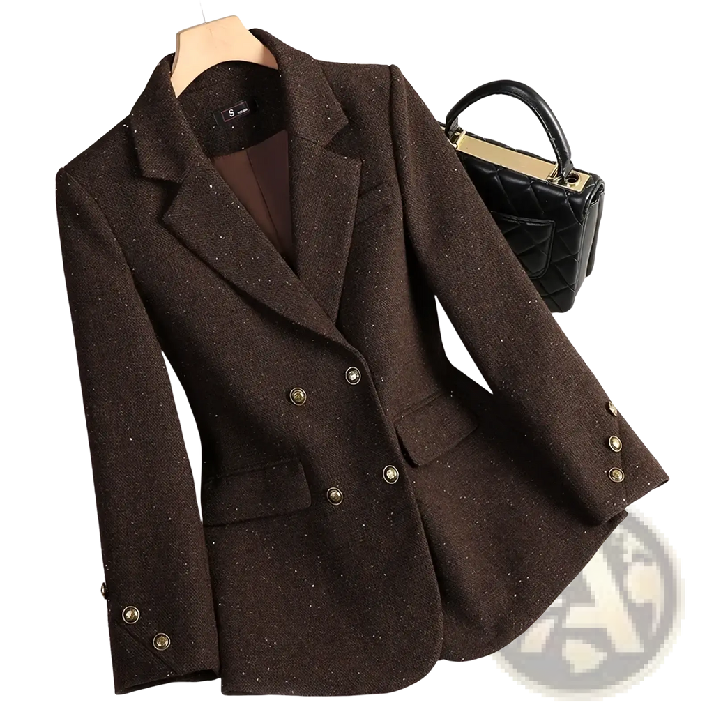 Women wool blend double breasted blazer in brown tweed with subtle glitter speckles and gold toned buttons