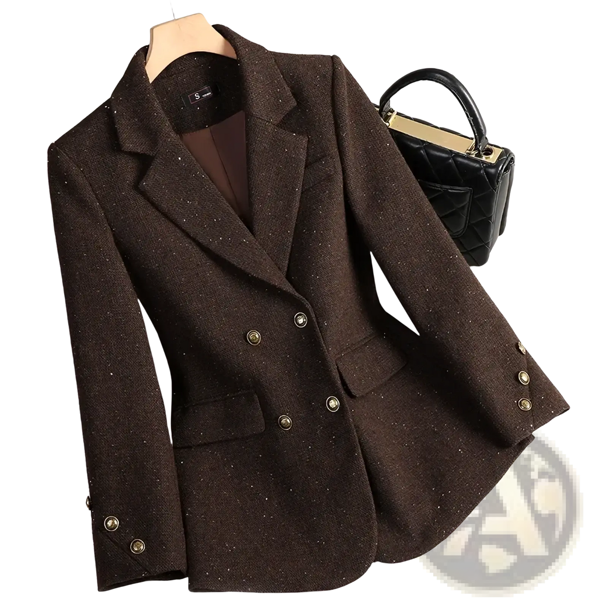 Women wool blend double breasted blazer in brown tweed with subtle glitter speckles and gold toned buttons