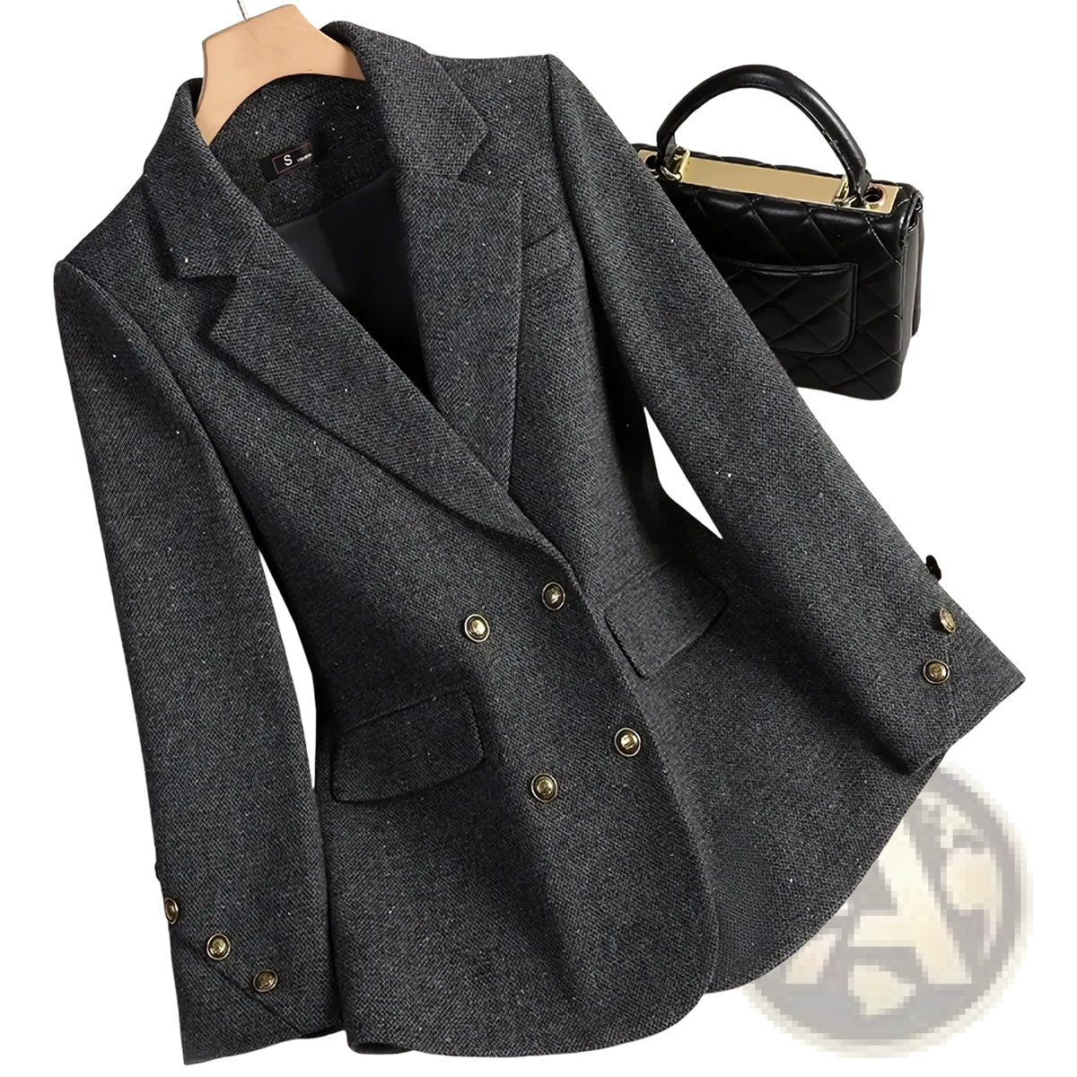 Women wool blend double breasted gray tweed blazer with gold toned buttons and a classic tailored fit