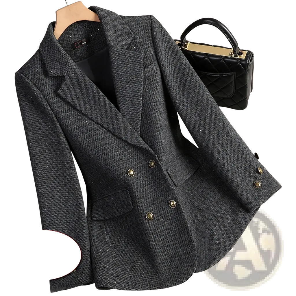 Women wool blend double breasted blazer in dark gray textured fabric with gold toned buttons for formal wear