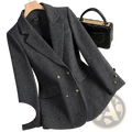 Women wool blend double breasted blazer in dark gray textured fabric with gold toned buttons for formal wear