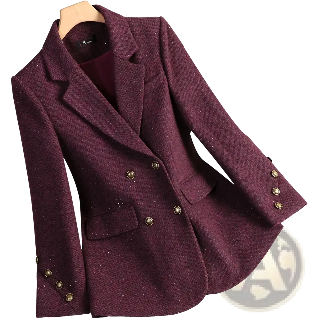 Women wool blend double breasted blazer in maroon with gold toned buttons and subtle glitter accents