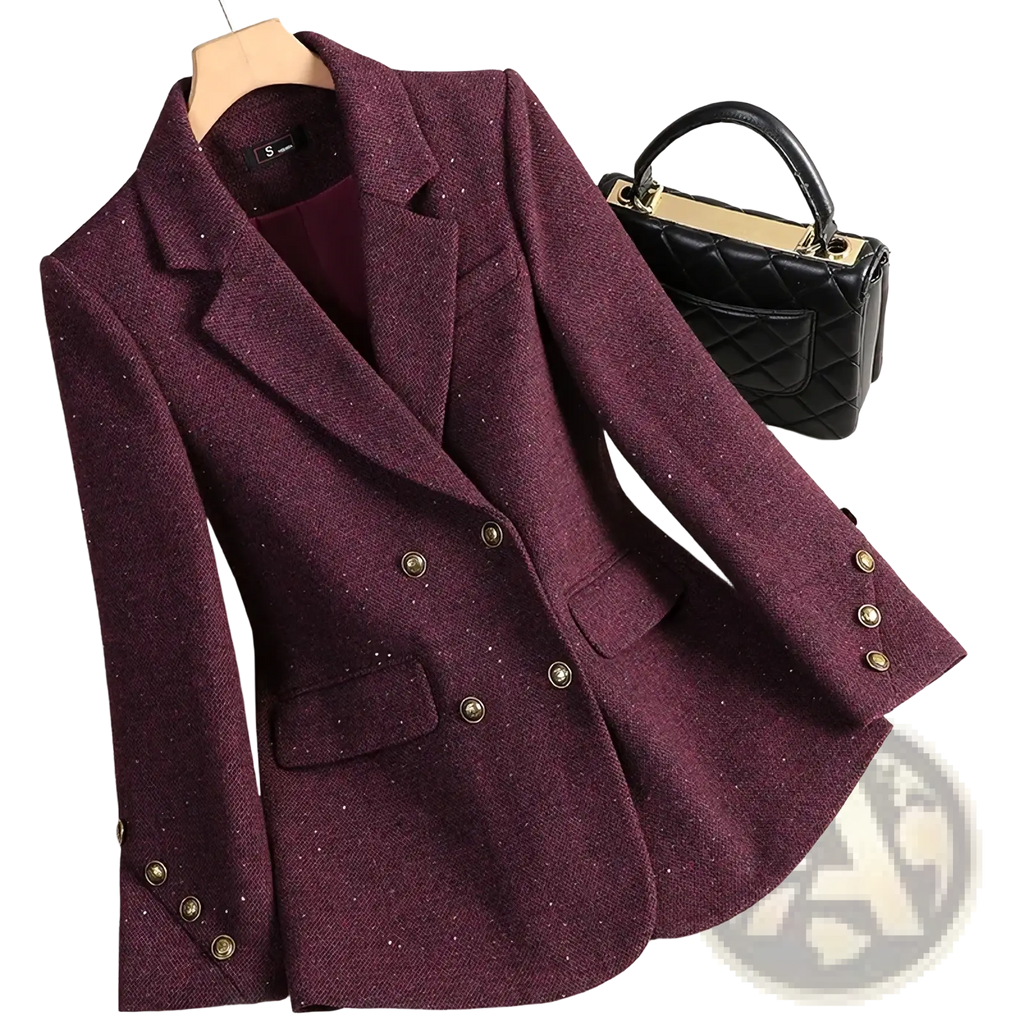 Women wool blend double breasted blazer in maroon tweed with gold toned buttons showcasing a classic design