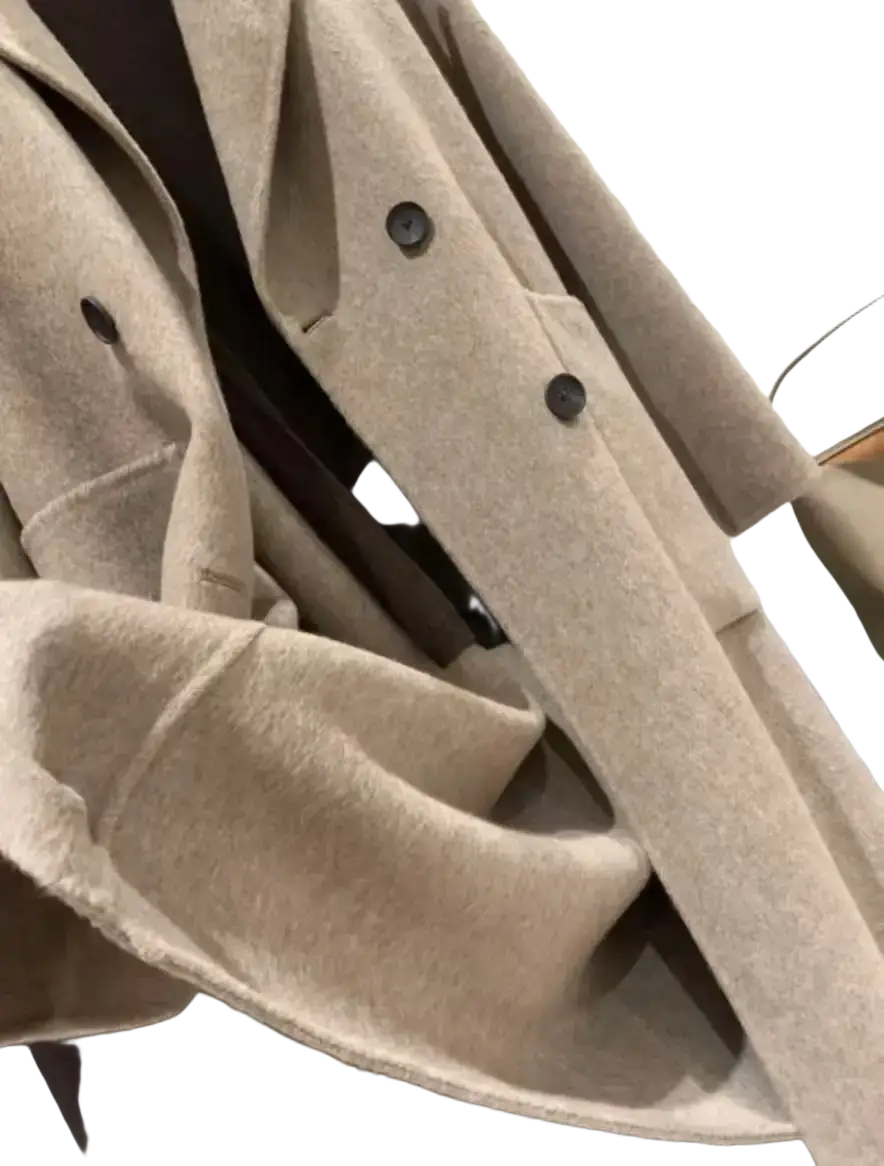 Women wool blend double breasted coat beige with dark buttons made of wool blend for stylish warmth and comfort