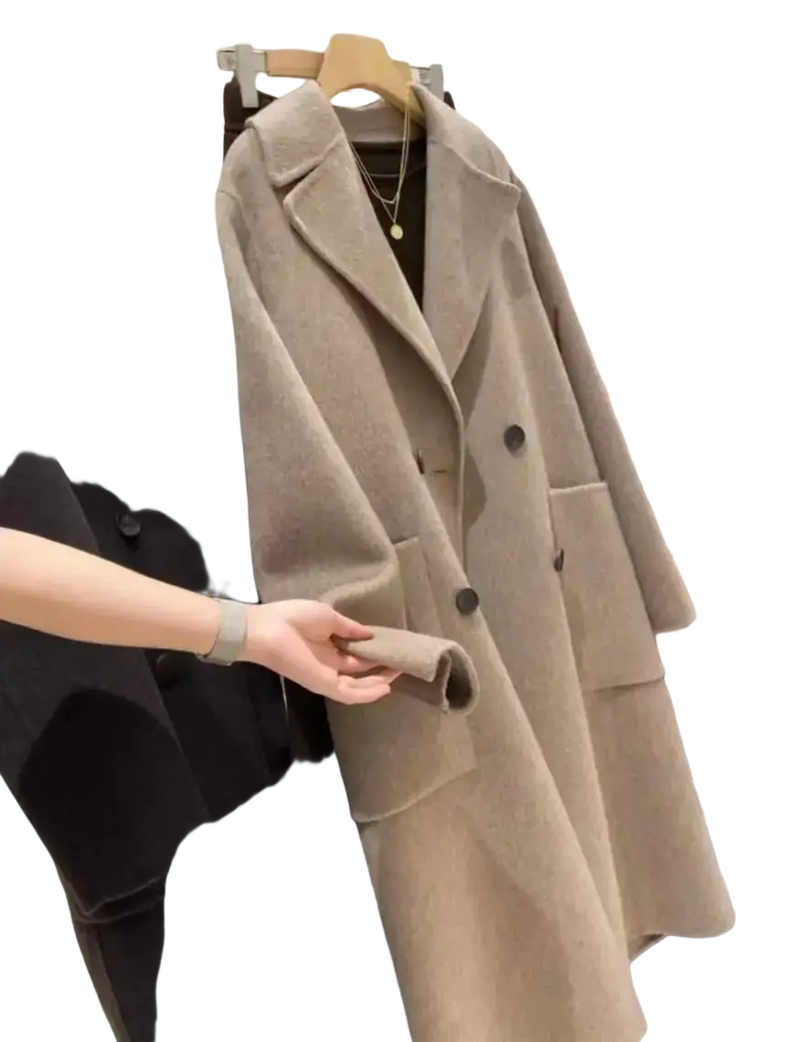 Beige women wool blend double breasted coat with black buttons and large patch pockets front view