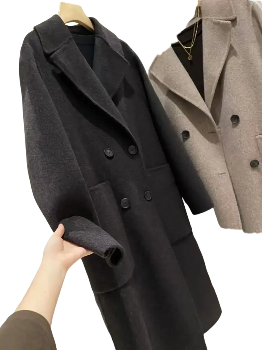 Black double breasted wool coat with classic collar and buttoned cuffs for women wool blend outerwear