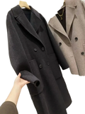 Black double breasted wool coat with classic collar and buttoned cuffs for women wool blend outerwear