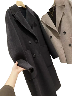 Black double breasted wool coat with classic collar and buttoned cuffs for women wool blend outerwear