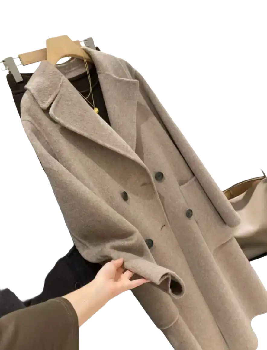 Women wool blend double breasted coat beige featuring soft woolen fabric dark buttons and classic collar