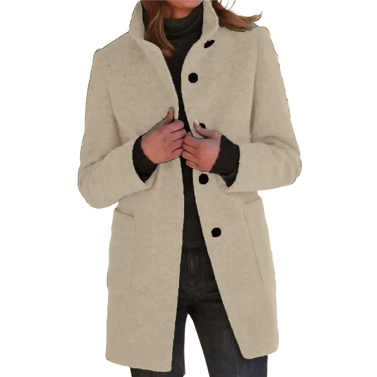 Beige women wool blend single breasted coat with black buttons and ribbed cuffs for stylish outerwear