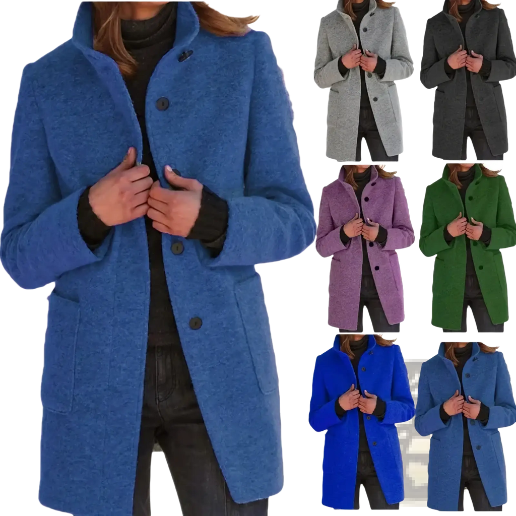 Women wool blend jacket in blue textured wool with classic collar and single breasted front button closure