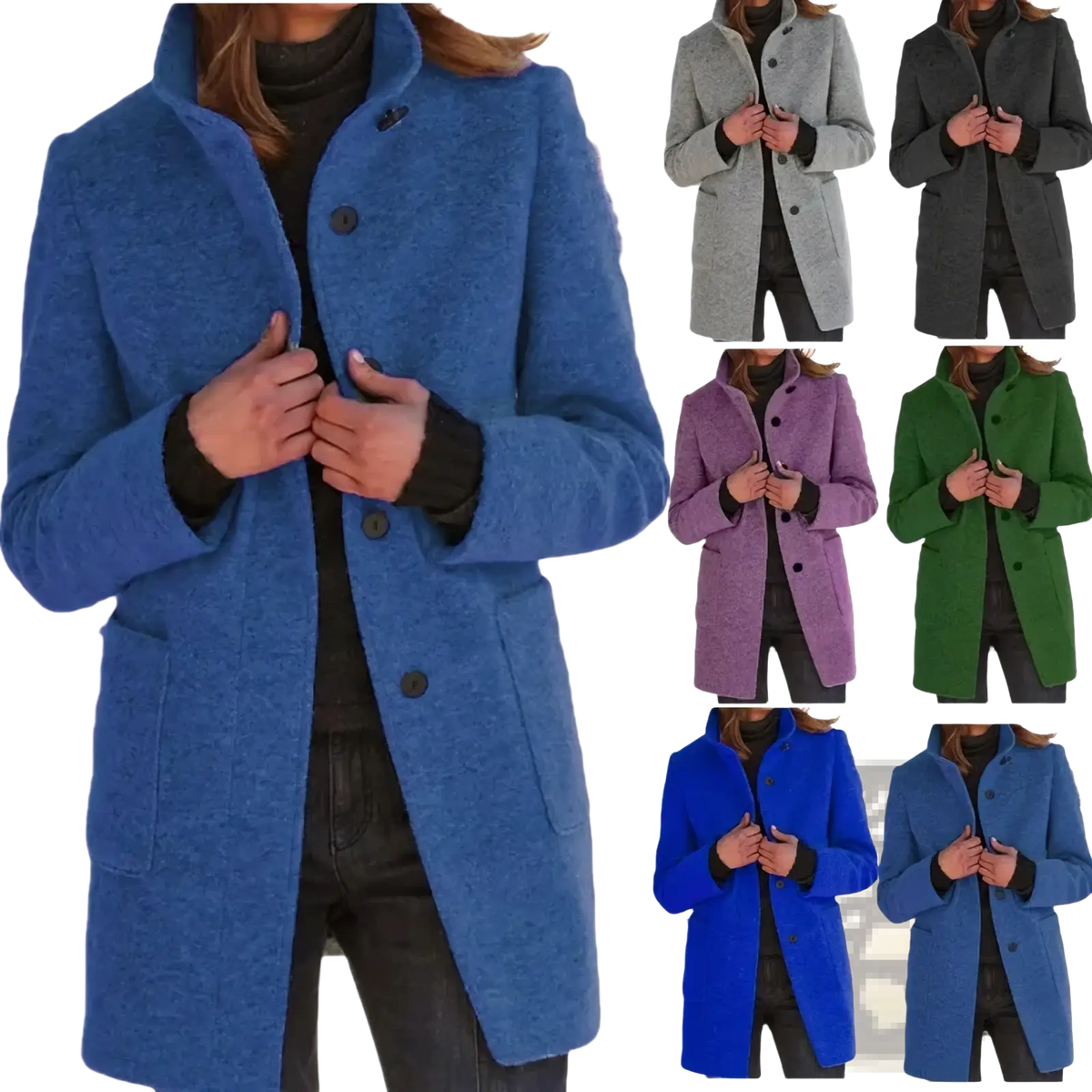 Women wool blend jacket in blue textured wool with classic collar and single breasted front button closure