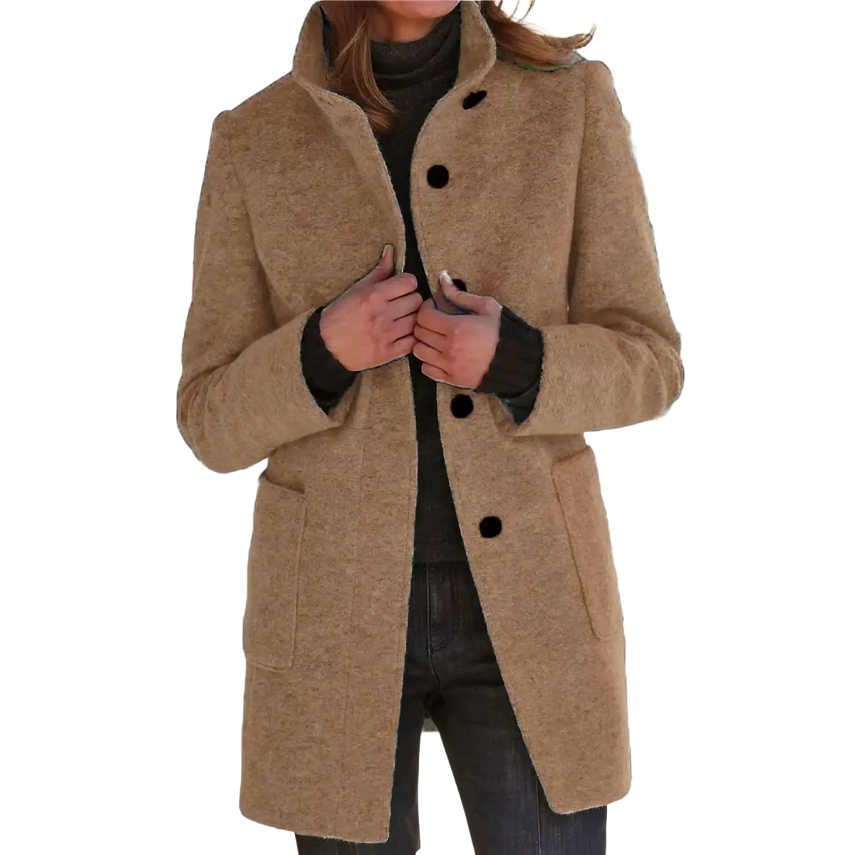 A camel-colored women wool blend jacket featuring textured fabric, black buttons, a classic collar, and single breasted design