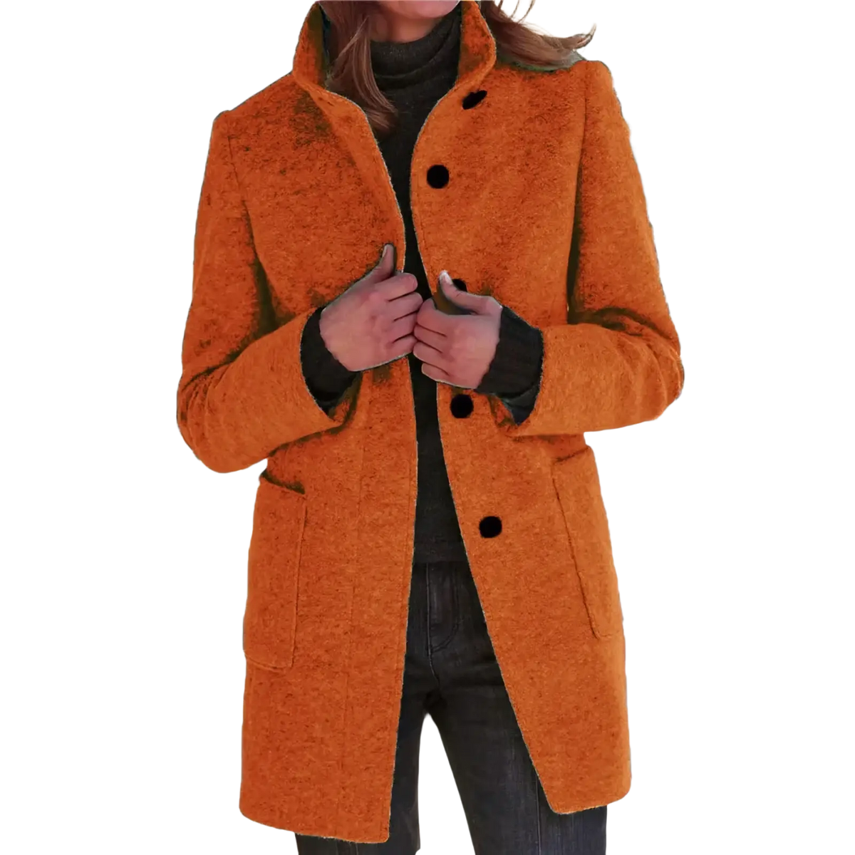 Women wool blend jacket solid single breasted coat in a cozy textured orange wool with black buttons and high collar