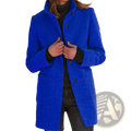 Women wool blend jacket solid single breasted coat in vibrant royal blue with textured fuzzy surface and dark green buttons