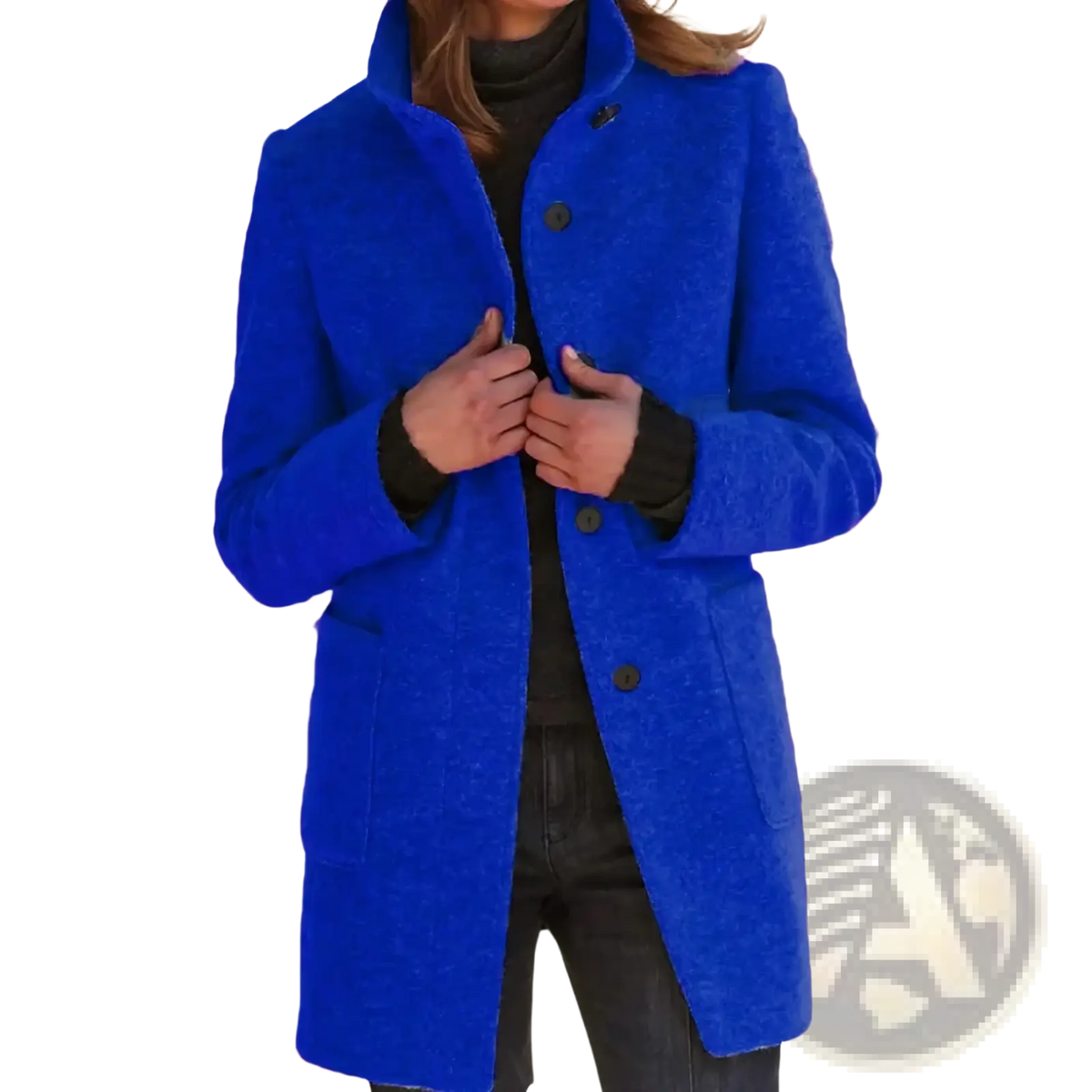 Women wool blend jacket solid single breasted coat in vibrant royal blue with textured fuzzy surface and dark green buttons
