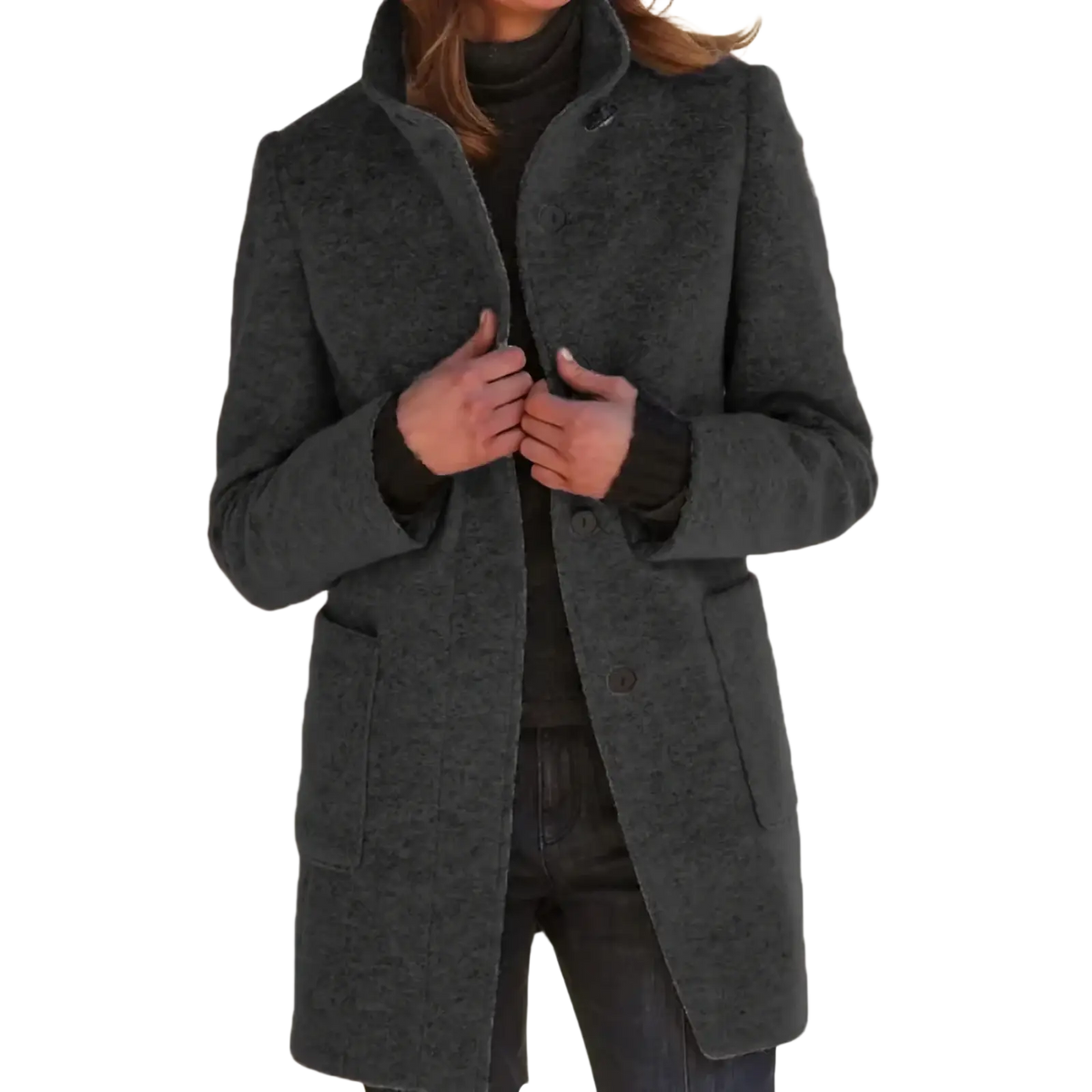 Dark gray textured wool blend women jacket with classic collar and single breasted front button closure