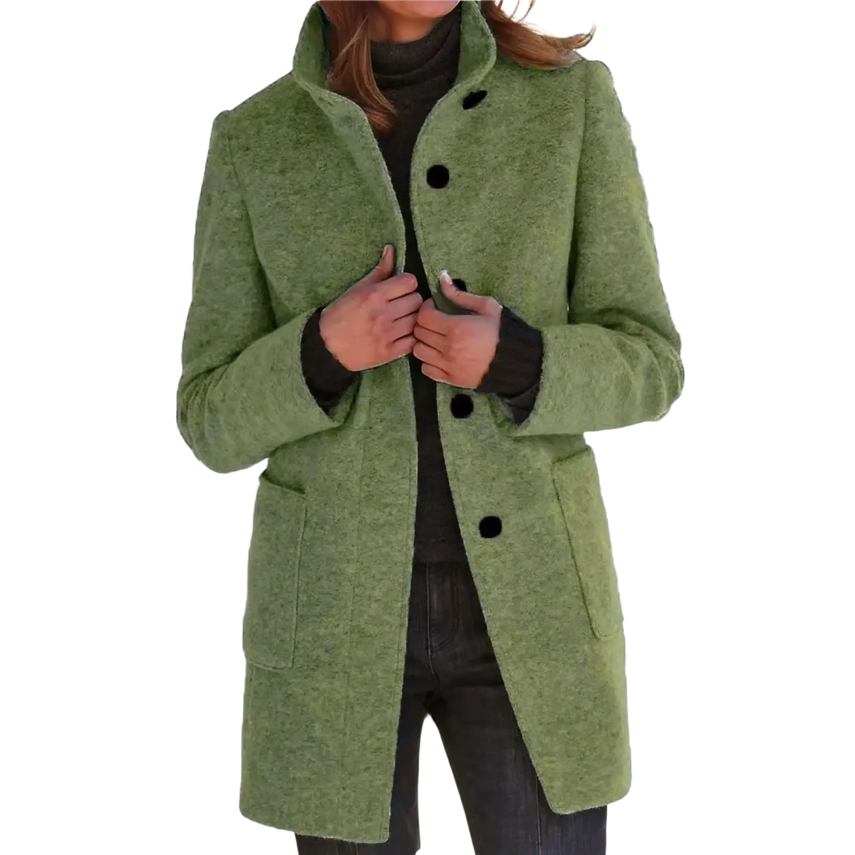 Olive green women wool blend jacket with textured fabric black buttons and front pockets single breasted coat