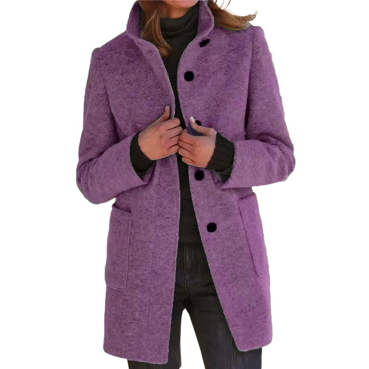 A plush lavender wool blend women jacket with a high collar and black buttons single breasted coat