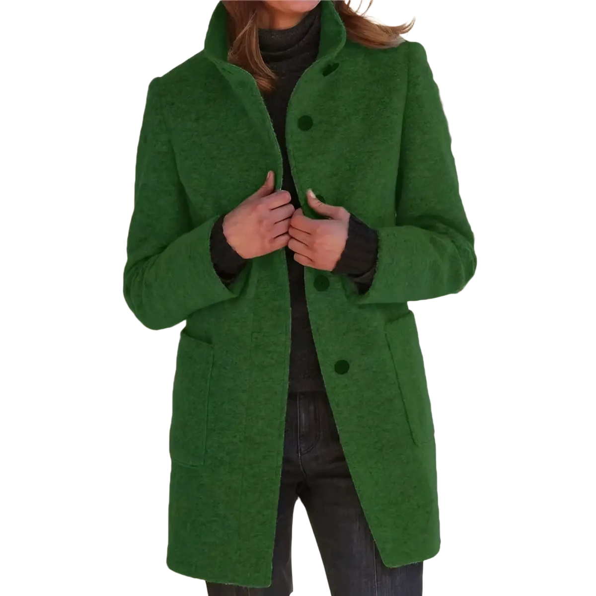 Women wool blend jacket solid single breasted coat in rich emerald green textured wool with classic collar and dark buttons