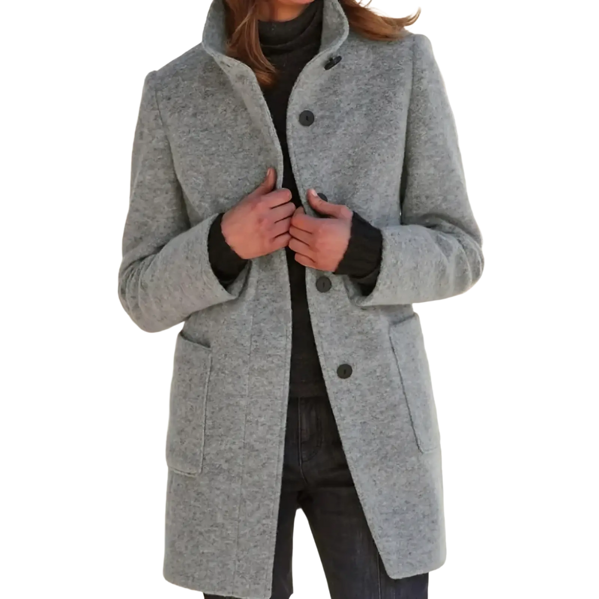 A stylish gray wool blend women’s single breasted coat with a classic collar and black buttons