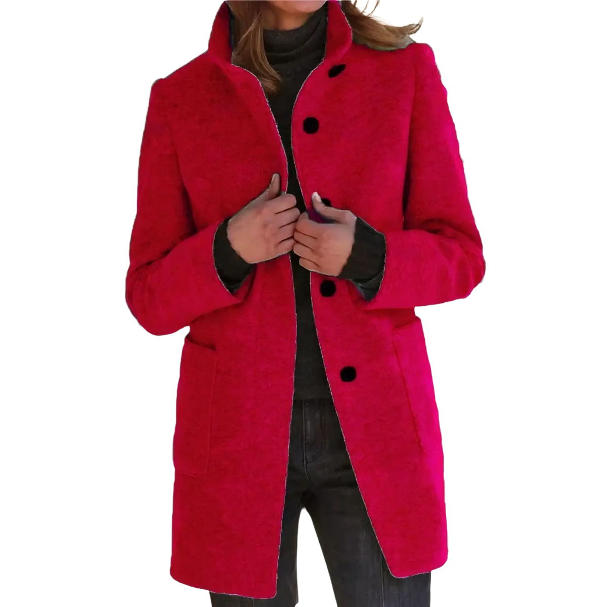 Women wool blend single breasted coat in vibrant red with black buttons and ribbed cuffs for stylish warmth
