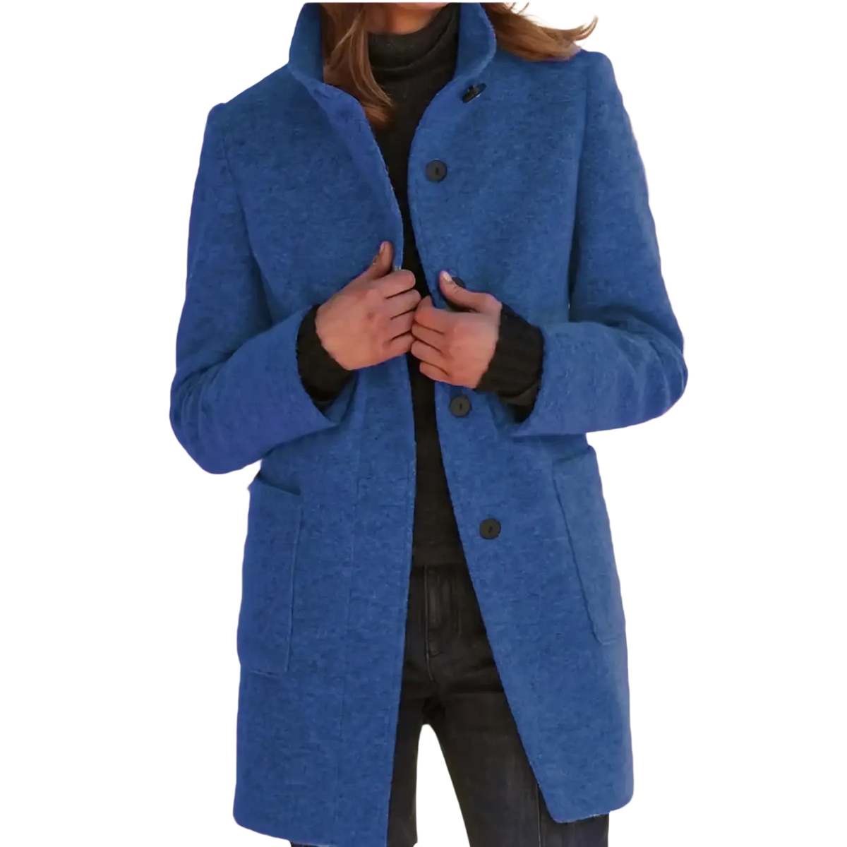 Vibrant royal blue women wool blend jacket with classic collar and dark buttons single breasted coat
