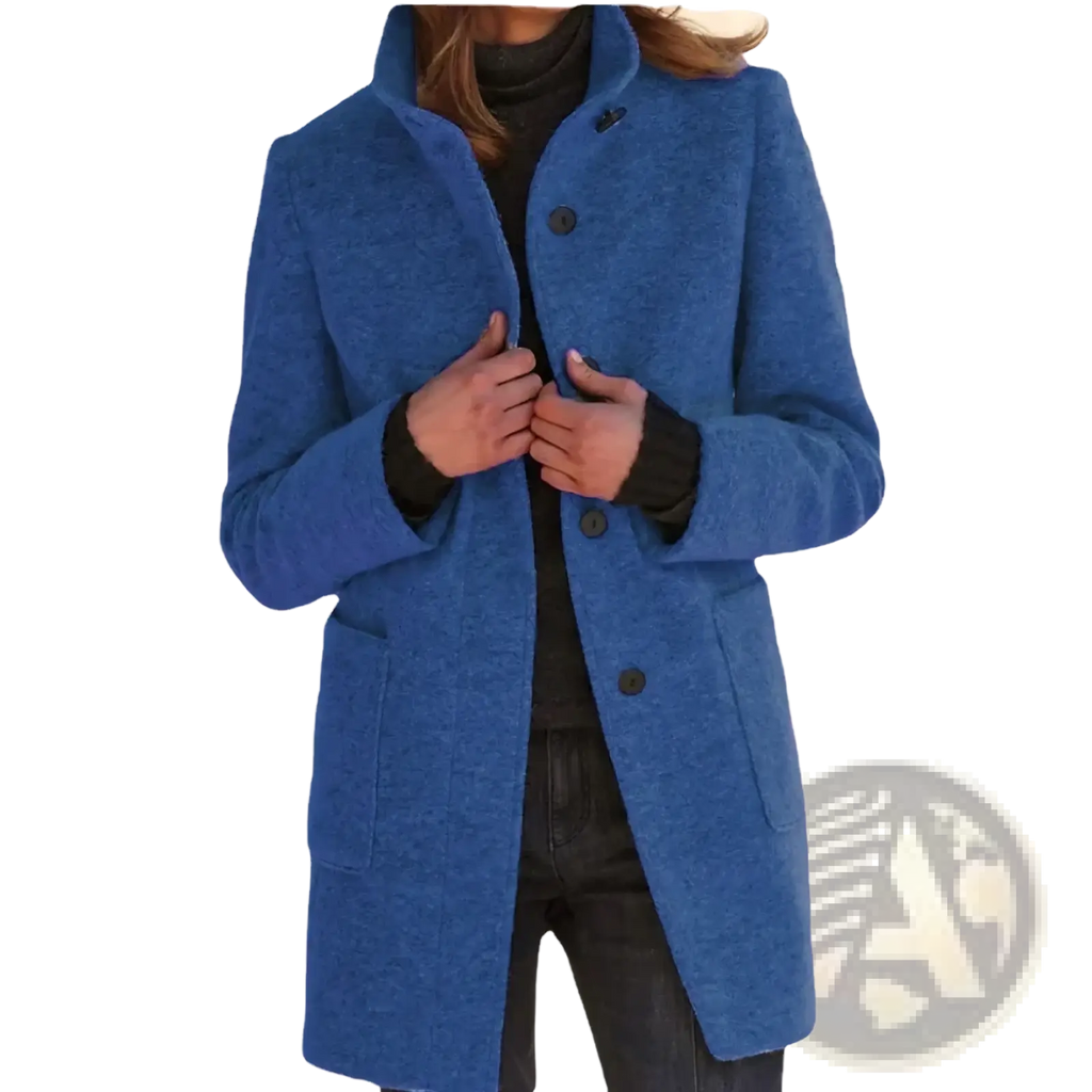 A vibrant royal blue wool blend jacket with a classic collar and three dark buttons single breasted coat