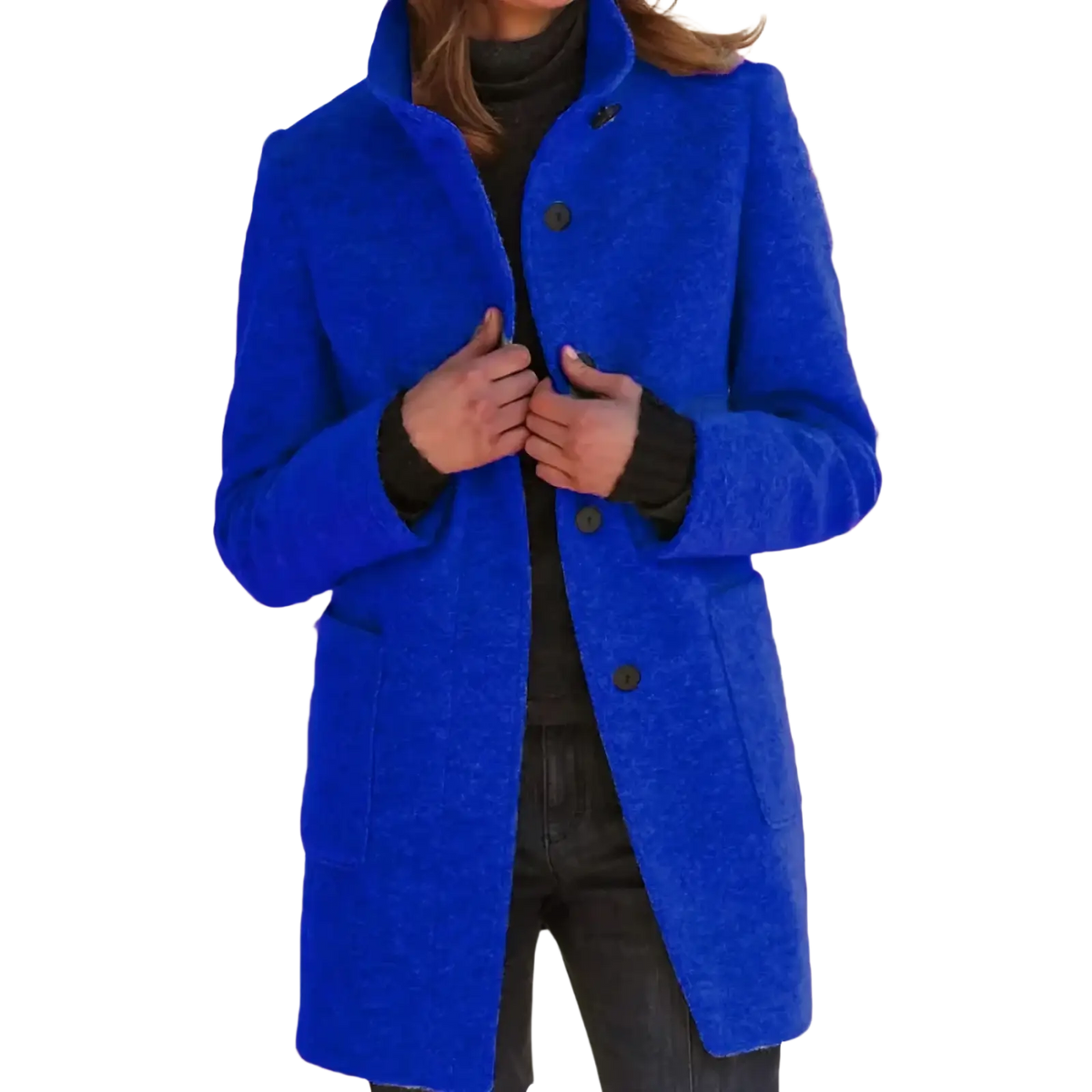 Women wool blend jacket solid single breasted coat in vibrant royal blue with textured fuzzy surface and dark green buttons