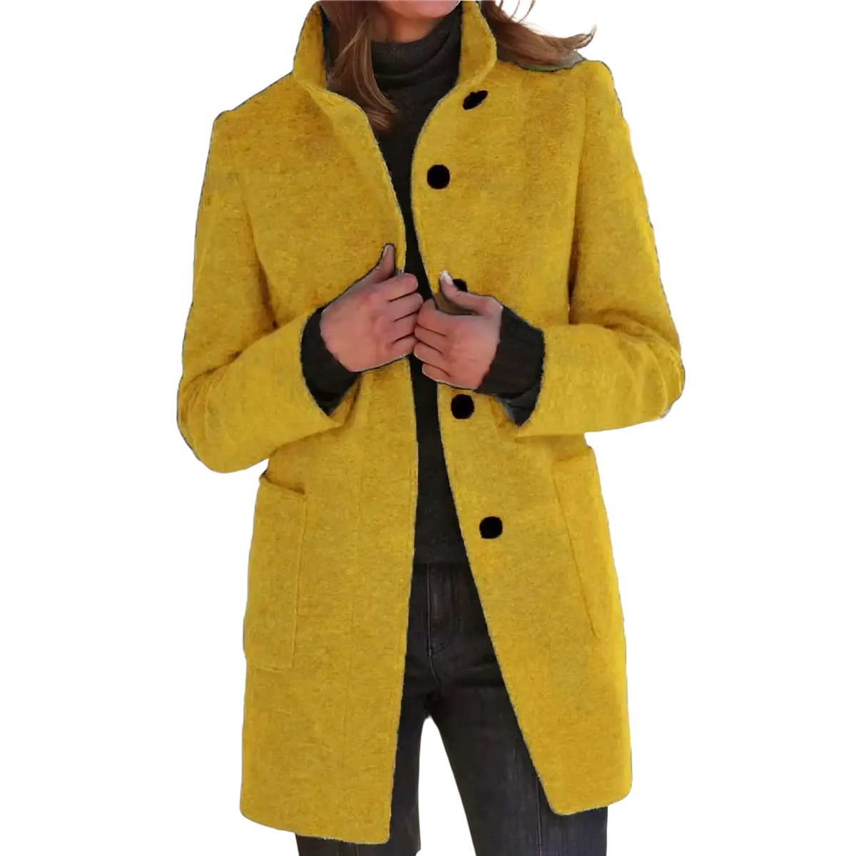 A vibrant yellow women wool blend jacket with textured fabric black buttons and a high collar single breasted coat