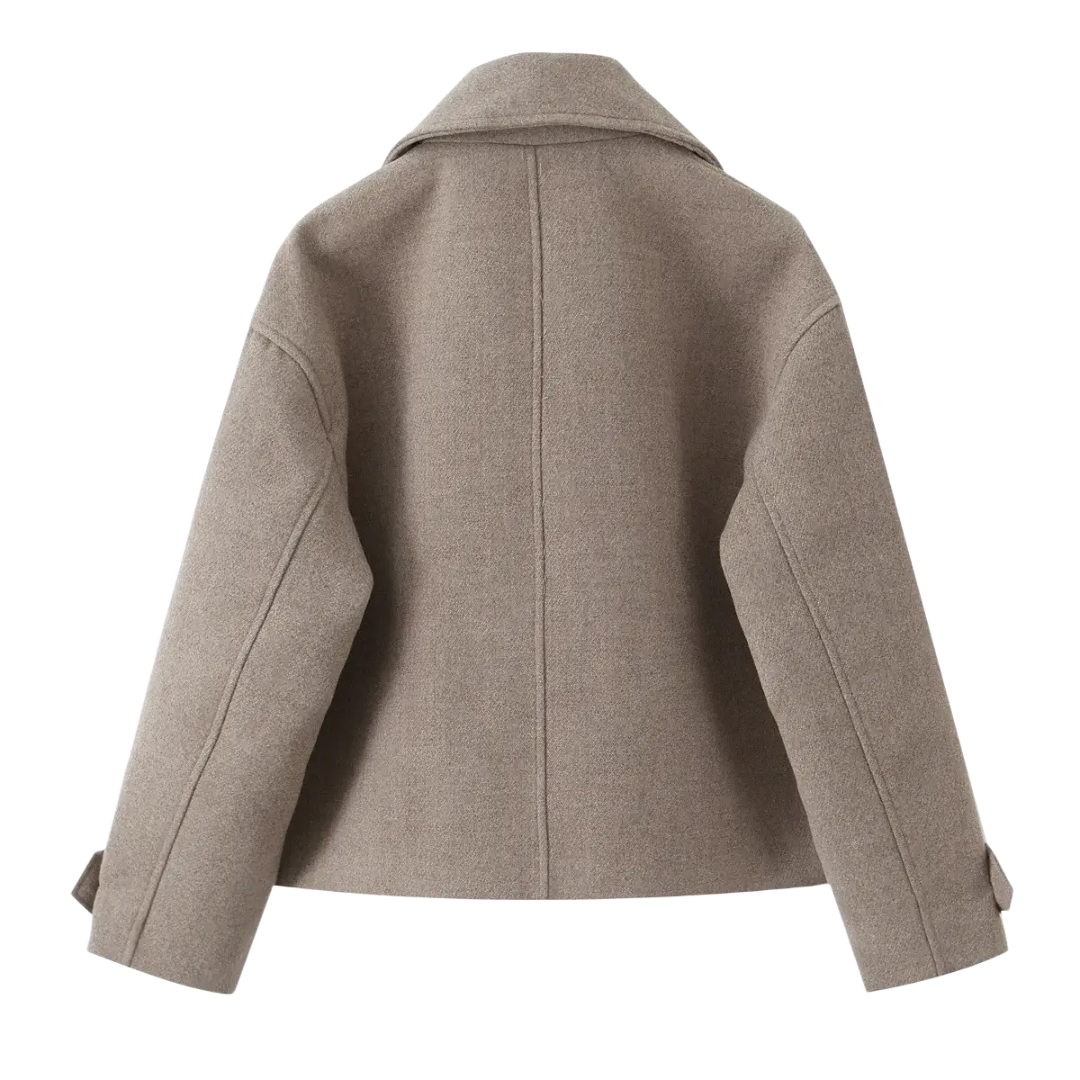 Beige wool blend women short coat featuring a classic collar and tapered sleeves for stylish outerwear
