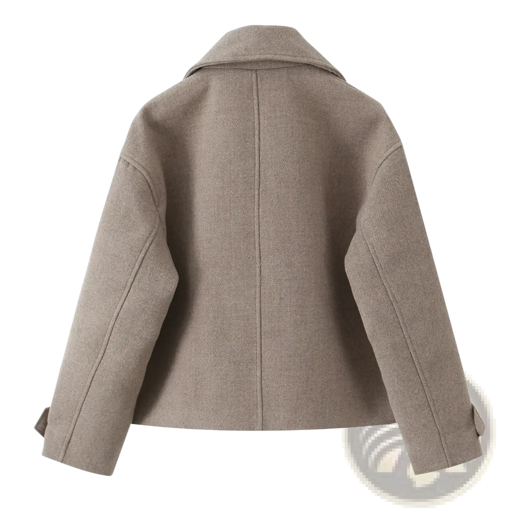 Beige wool blend women short coat featuring a classic collar and tapered sleeves for stylish outerwear