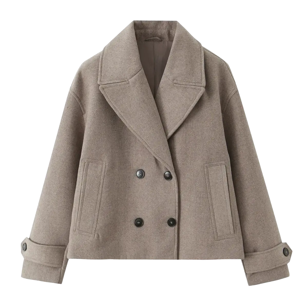 Beige women wool blend short coat with double-breasted design dark buttons and rolled cuffs